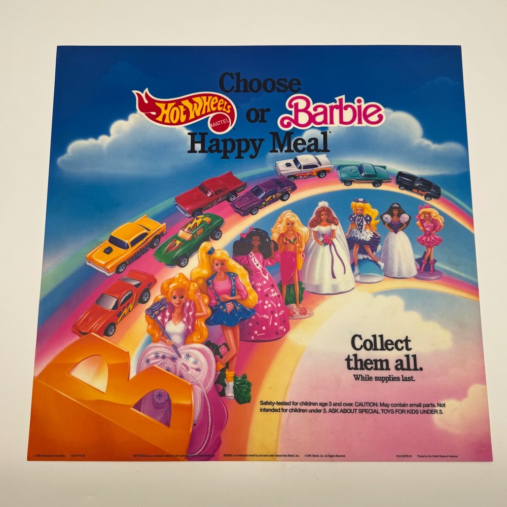 Vintage 1991 McDonalds Happy Meal Hot Wheels Barbie Transparency Sign 22x22